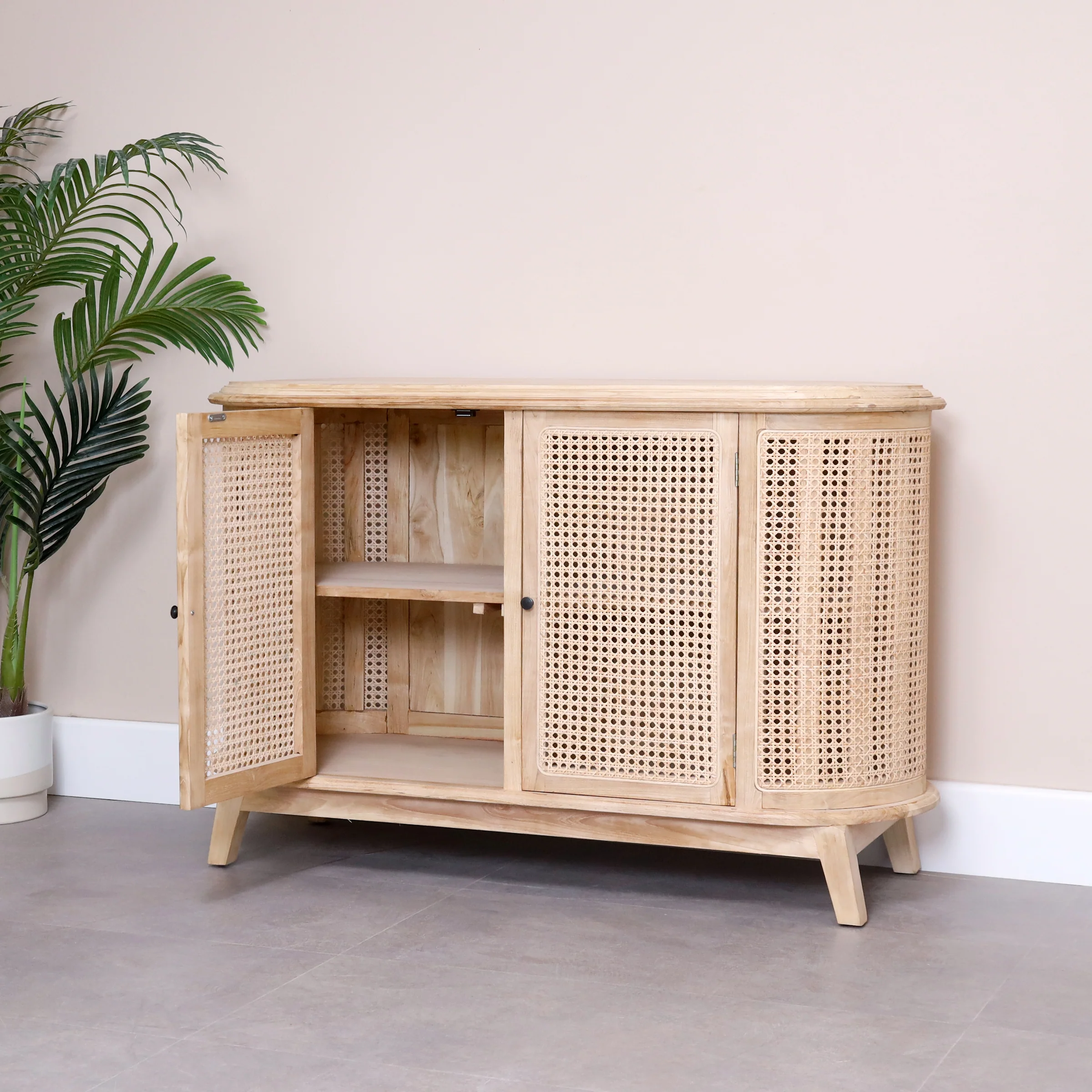 Wooden Cabinet with Rattan Doors In Teak Wood