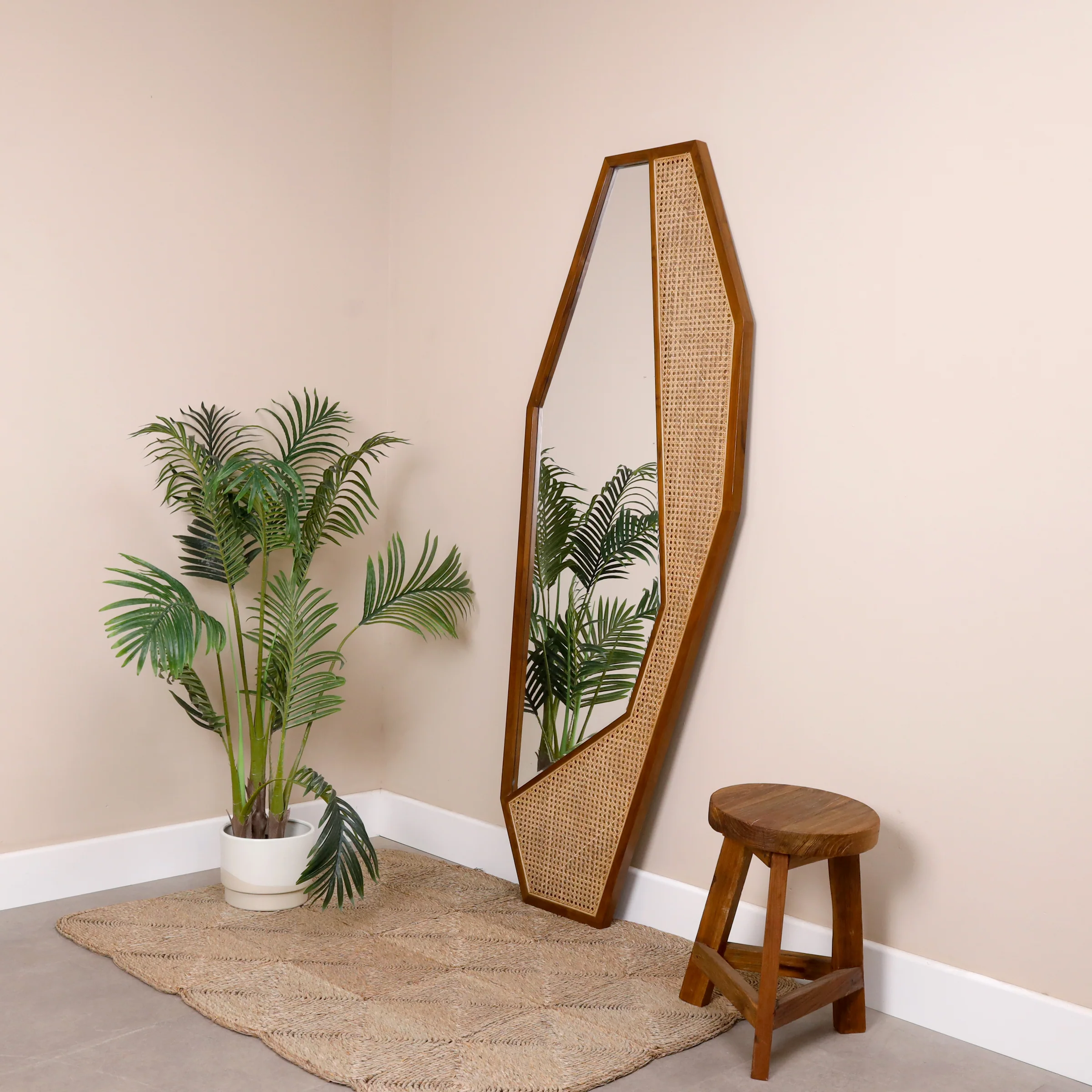 Geometric Wall Mirror In Teak Wood