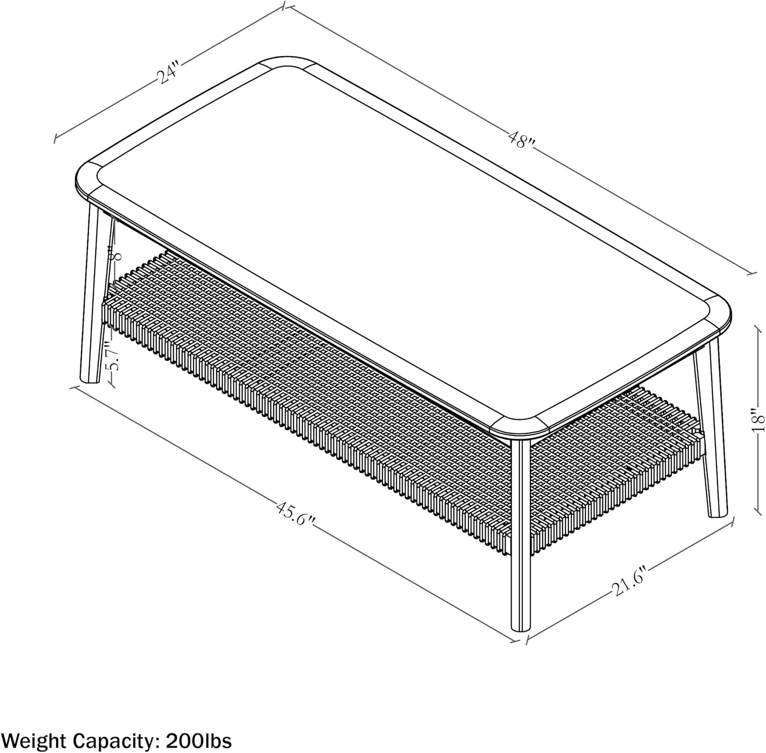 Wooden Coffee Table - Calais Collection 48-Inch Living Room Table with Woven Shelf - Solid Acacia Wood Coffee Table (Warm Chestnut)