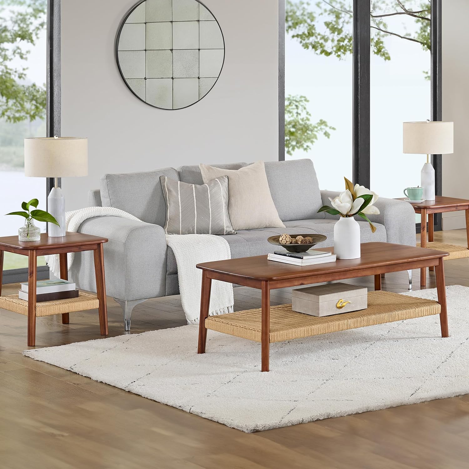 Calais Collection Set of 3 - Coffee Table and 2 Side Tables - Solid Acacia Wood Living Room Tables with Woven Shelves (Warm Chestnut)
