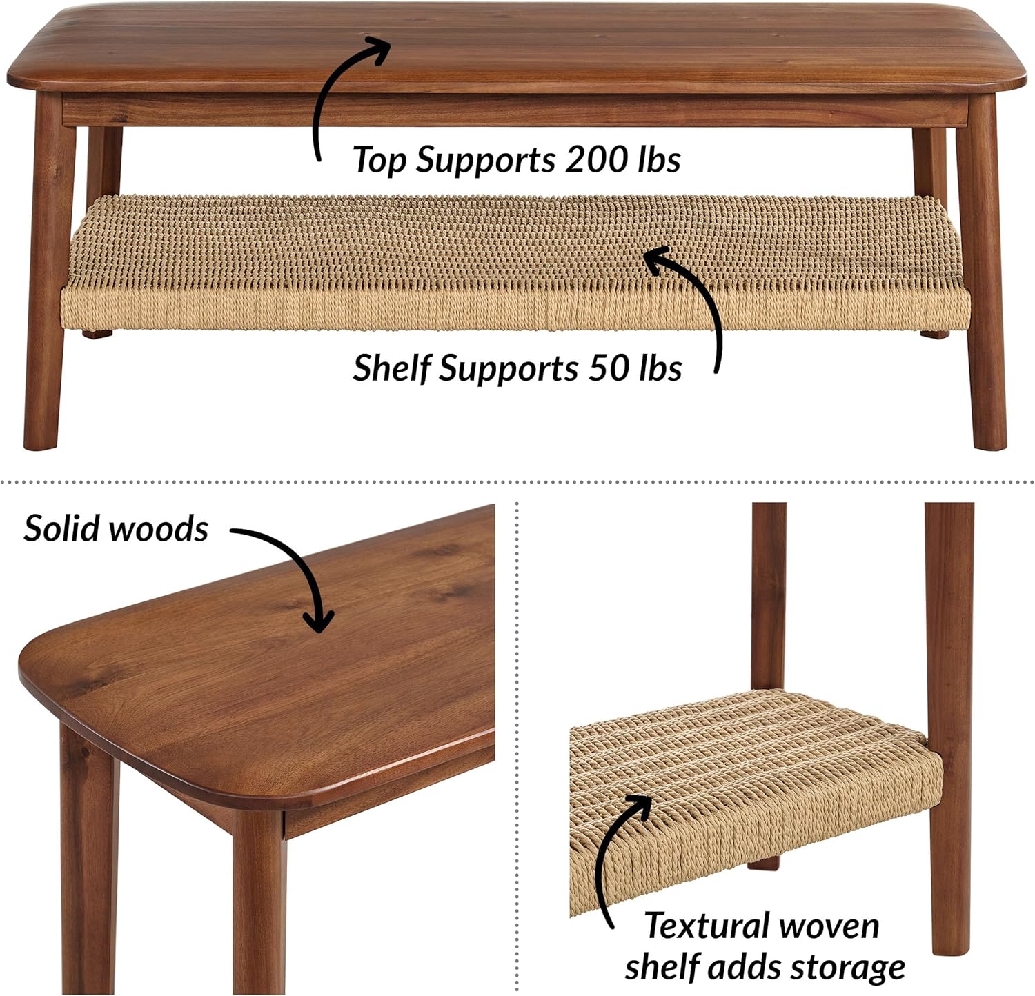 Calais Collection Set of 3 - Coffee Table and 2 Side Tables - Solid Acacia Wood Living Room Tables with Woven Shelves (Warm Chestnut)