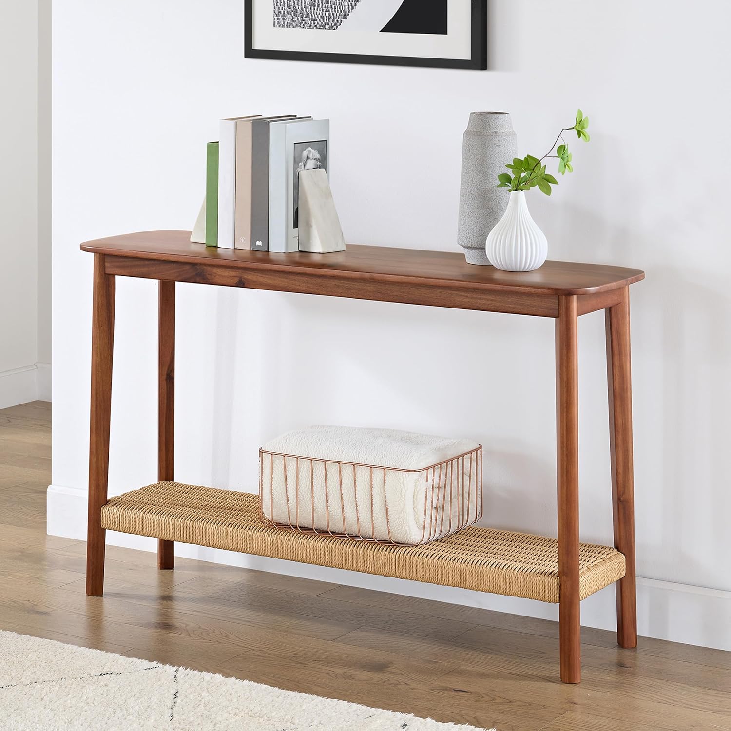 Console Table - Calais Collection 48-Inch Entryway Table with Woven Shelf - Solid Acacia Wood Modern Sofa Table (Warm Chestnut)