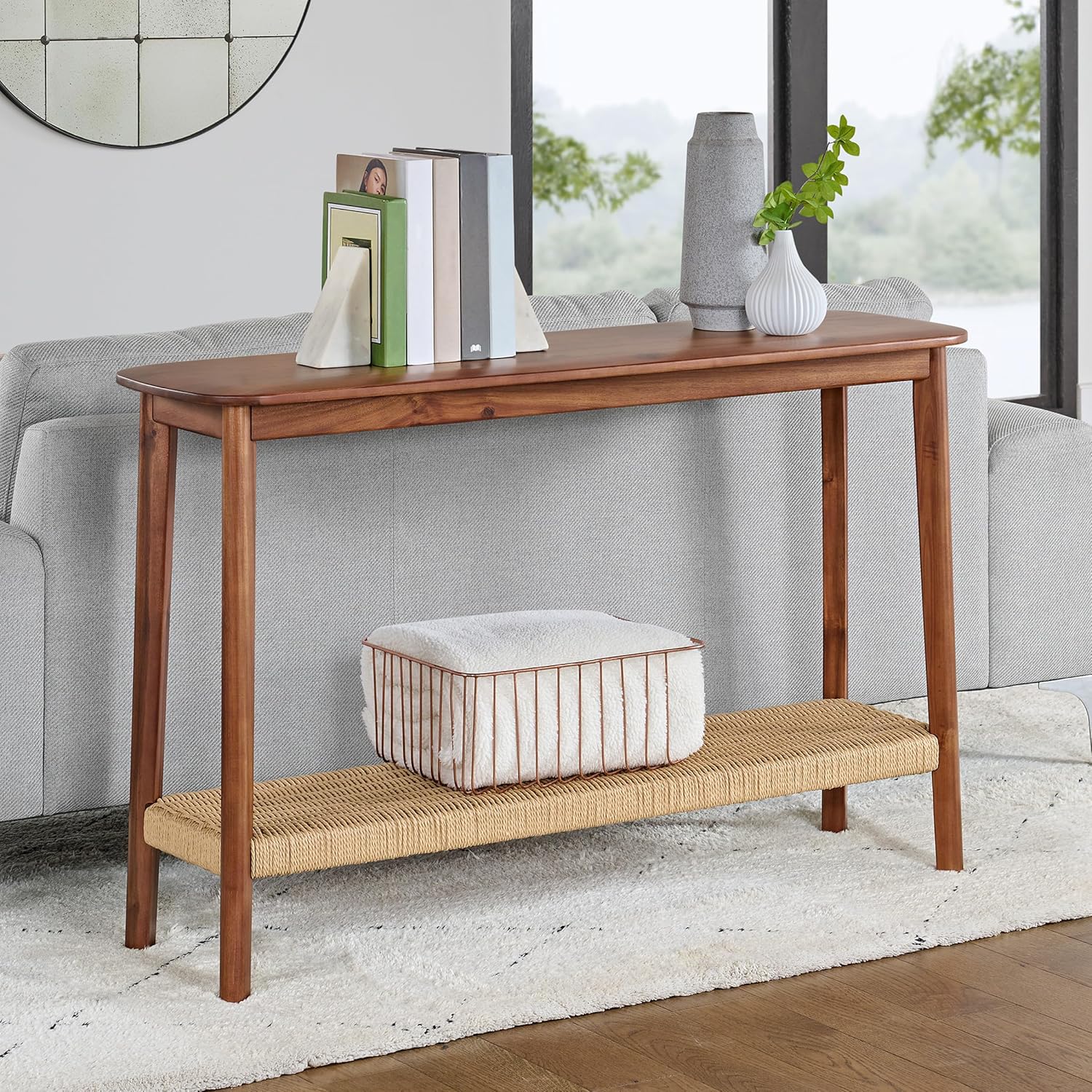 Console Table - Calais Collection 48-Inch Entryway Table with Woven Shelf - Solid Acacia Wood Modern Sofa Table (Warm Chestnut)