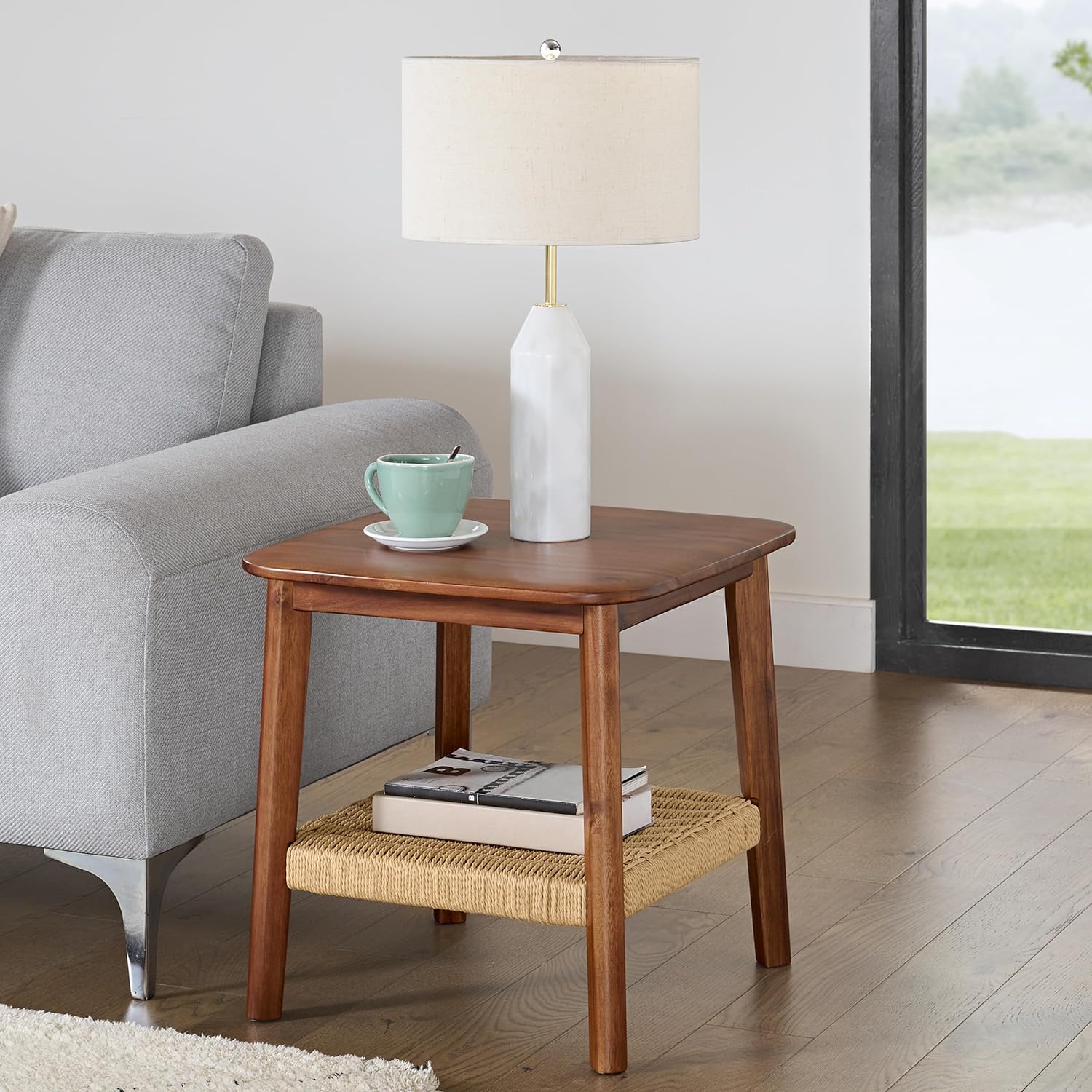 Mid-Century Modern  Calais Collection Side Table - 20-Inch End Table with Woven Shelf - Solid Acacia Wood Mid-Century Modern Table (Warm Chestnut)