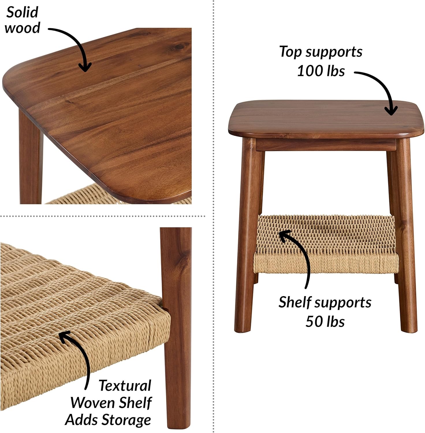 Mid-Century Modern  Calais Collection Side Table - 20-Inch End Table with Woven Shelf - Solid Acacia Wood Mid-Century Modern Table (Warm Chestnut)