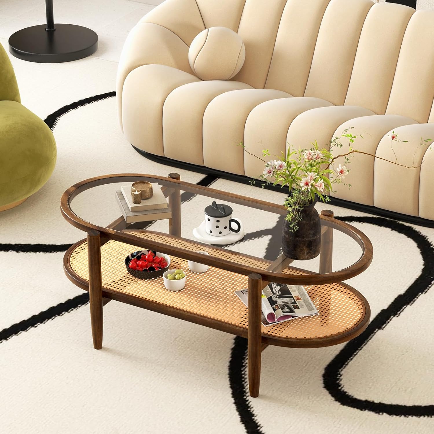 Modern Glass Coffee Table In Acacia Wood
