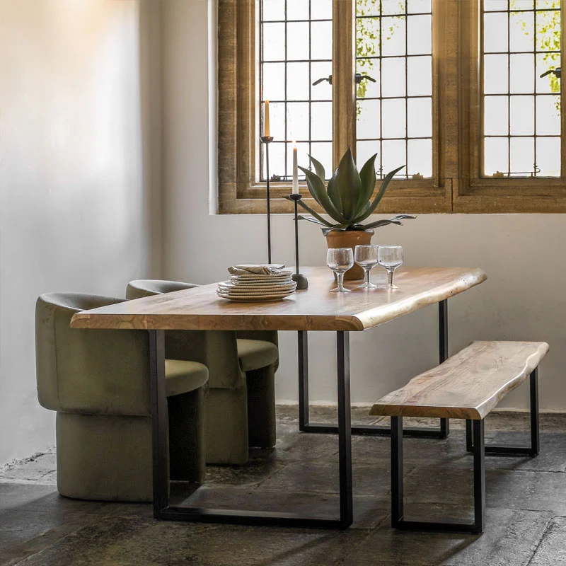 Industrial Solid Live Edge Light Acacia Wood And Black Metal 8 Seater Large Dining Table 240cm