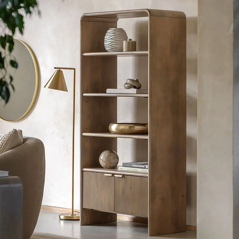 Boho Rustic Solid Light Mango Wood And Brass 2 Door 4 Tier Shelving Unit Display Cabinet Bookcase With Curved Top 175cm