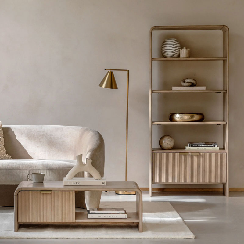 Boho Rustic Solid Light Mango Wood And Brass 2 Door 4 Tier Shelving Unit Display Cabinet Bookcase With Curved Top 175cm