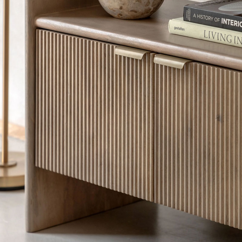 Boho Rustic Solid Light Mango Wood And Brass 2 Door 4 Tier Shelving Unit Display Cabinet Bookcase With Curved Top 175cm