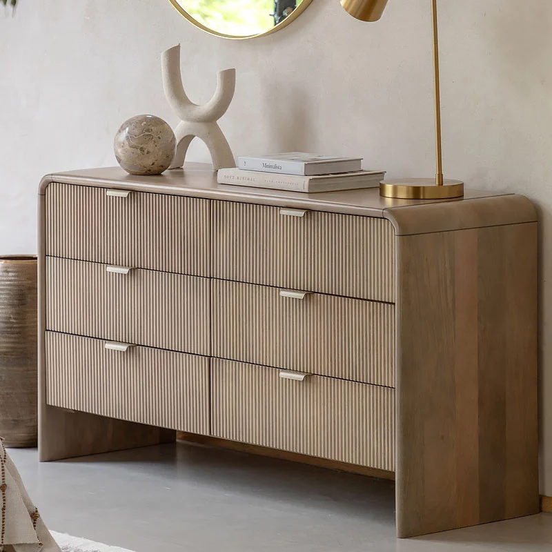 Boho Rustic Solid Light Mango Wood And Brass 6 Drawer Chest Of Drawers With Curved Top 135cm