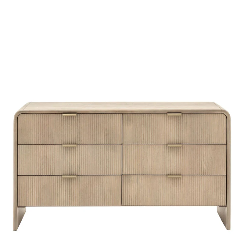 Boho Rustic Solid Light Mango Wood And Brass 6 Drawer Chest Of Drawers With Curved Top 135cm