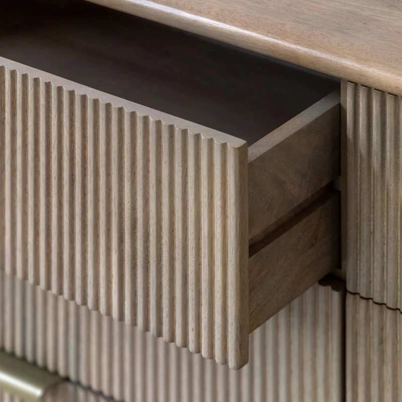 Boho Rustic Solid Light Mango Wood And Brass 6 Drawer Chest Of Drawers With Curved Top 135cm