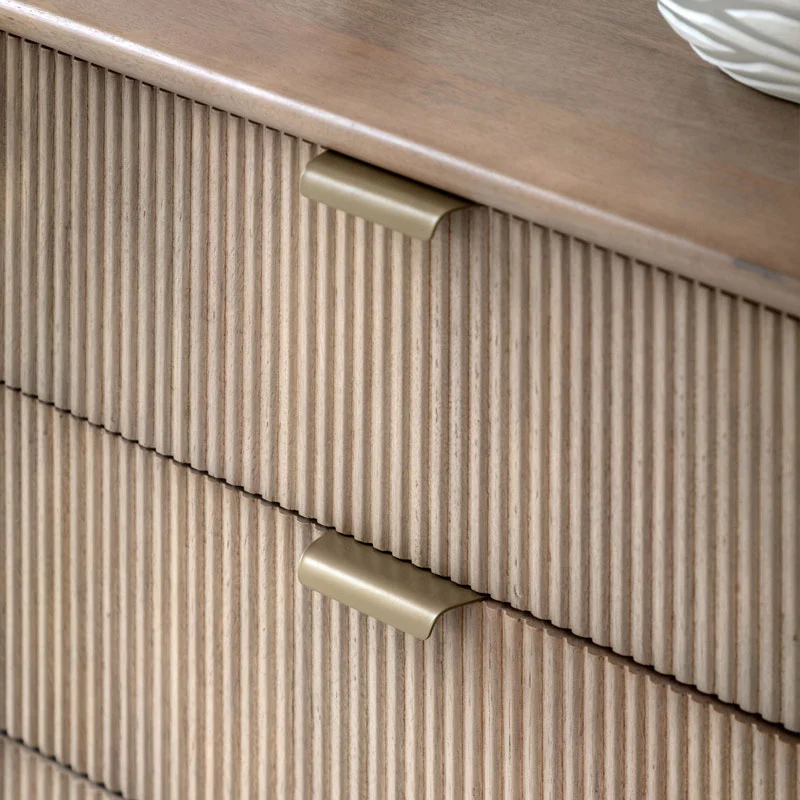 Boho Rustic Solid Light Mango Wood And Brass 6 Drawer Chest Of Drawers With Curved Top 135cm