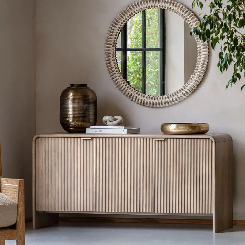 Boho Rustic Solid Light Mango Wood And Brass 3 Door Large Sideboard With Curved Top 150cm