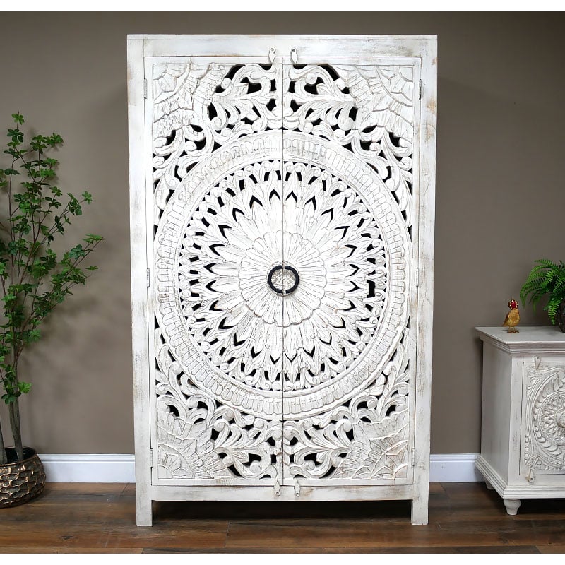 Boho Rustic Solid White Washed Mango Wood Mandala Carved Tall Cabinet Wardrobe 180cm