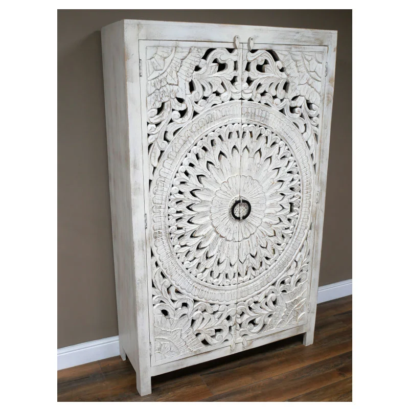 Boho Rustic Solid White Washed Mango Wood Mandala Carved Tall Cabinet Wardrobe 180cm