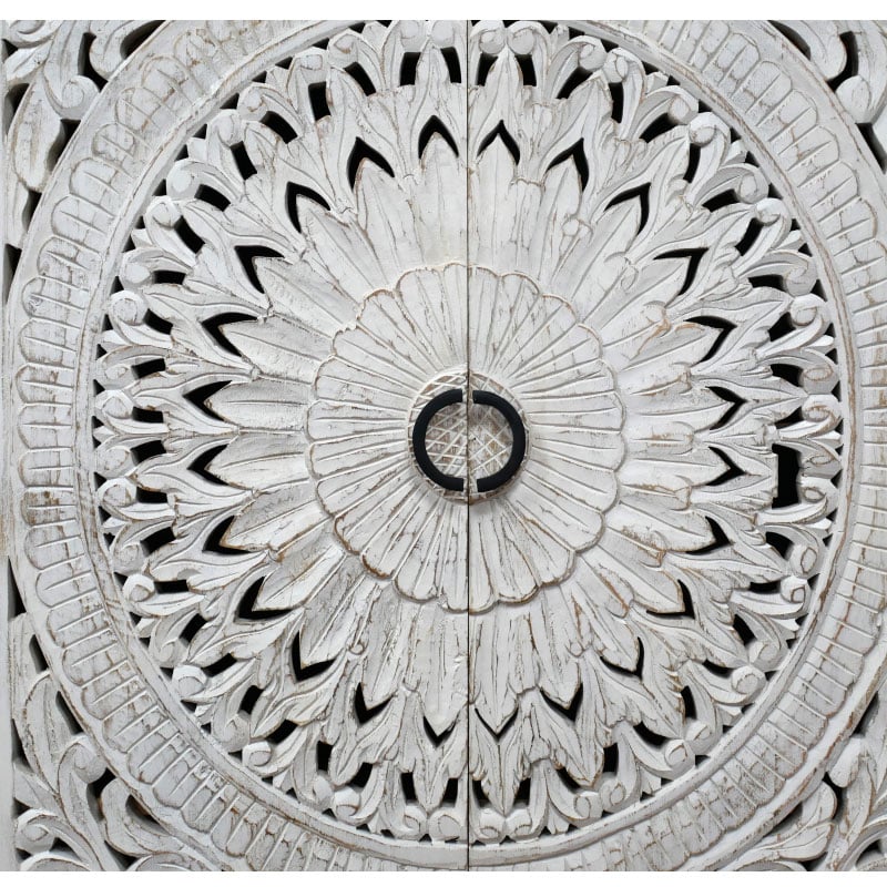 Boho Rustic Solid White Washed Mango Wood Mandala Carved Tall Cabinet Wardrobe 180cm