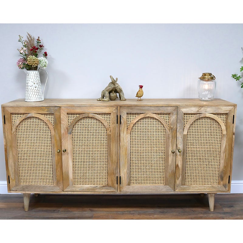 Boho Rustic Large 4 Arched Doors Solid Light Acacia Wood And Rattan Sideboard 180cm