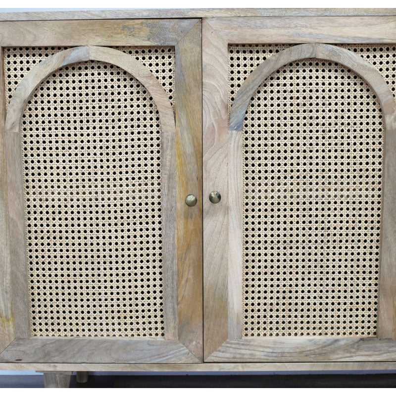 Boho Rustic Large 4 Arched Doors Solid Light Acacia Wood And Rattan Sideboard 180cm