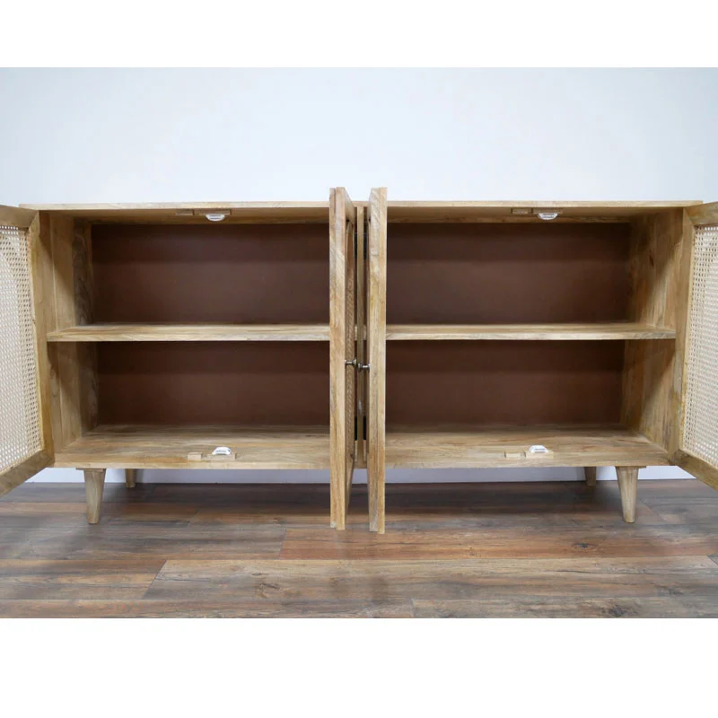 Boho Rustic Large 4 Arched Doors Solid Light Acacia Wood And Rattan Sideboard 180cm