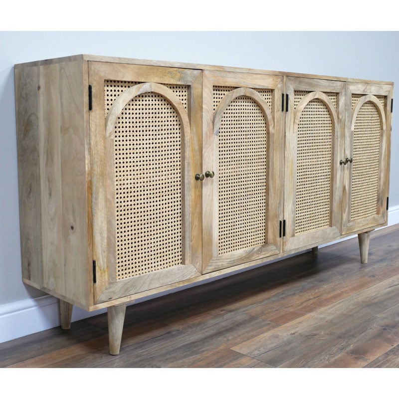 Boho Rustic Large 4 Arched Doors Solid Light Acacia Wood And Rattan Sideboard 180cm