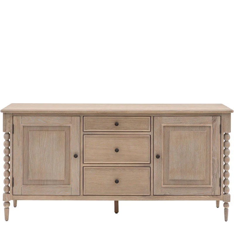 Rustic Country Cottage Light Oak Wood Large 2 Door 3 Drawer Sideboard With Hand Carved Bobbin Detail Legs 165cm