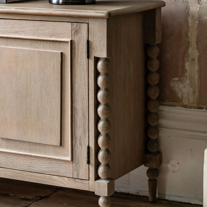 Rustic Country Cottage Light Oak Wood Large 2 Door 3 Drawer Sideboard With Hand Carved Bobbin Detail Legs 165cm