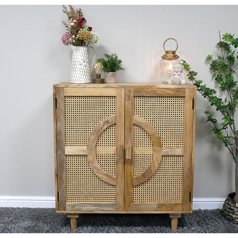 Boho Rustic Solid Light Mango Wood And Rattan 2 Door Small Sideboard Cabinet