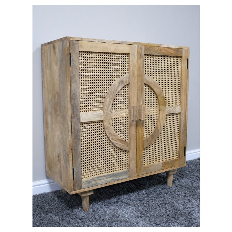 Boho Rustic Solid Light Mango Wood And Rattan 2 Door Small Sideboard Cabinet