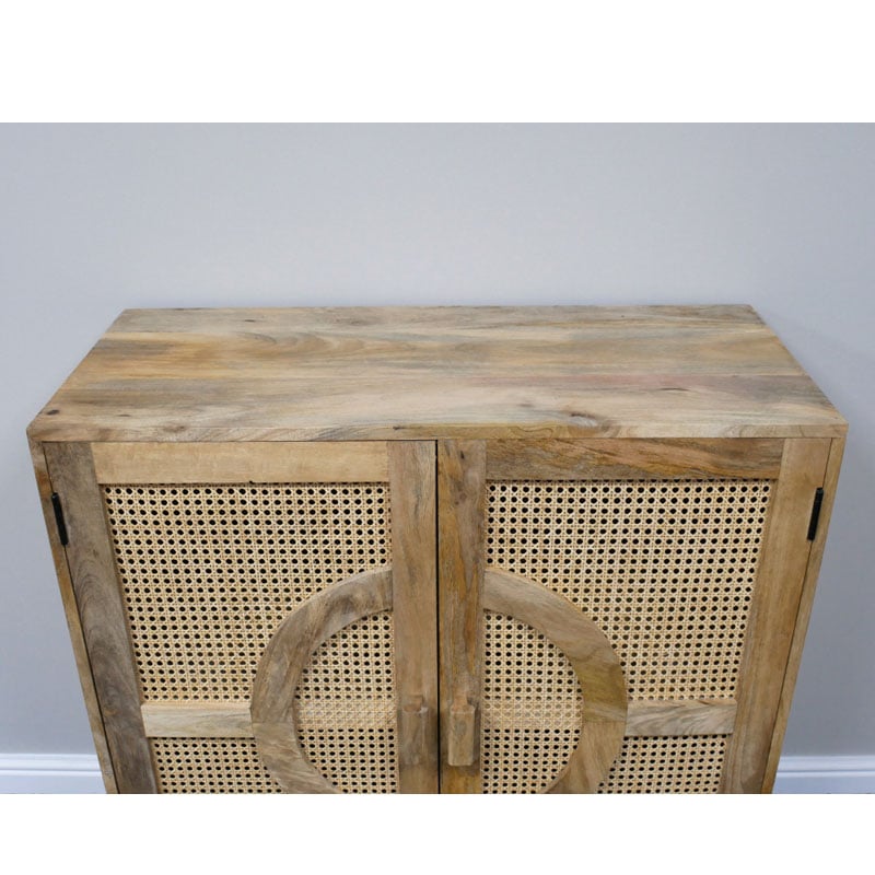 Boho Rustic Solid Light Mango Wood And Rattan 2 Door Small Sideboard Cabinet