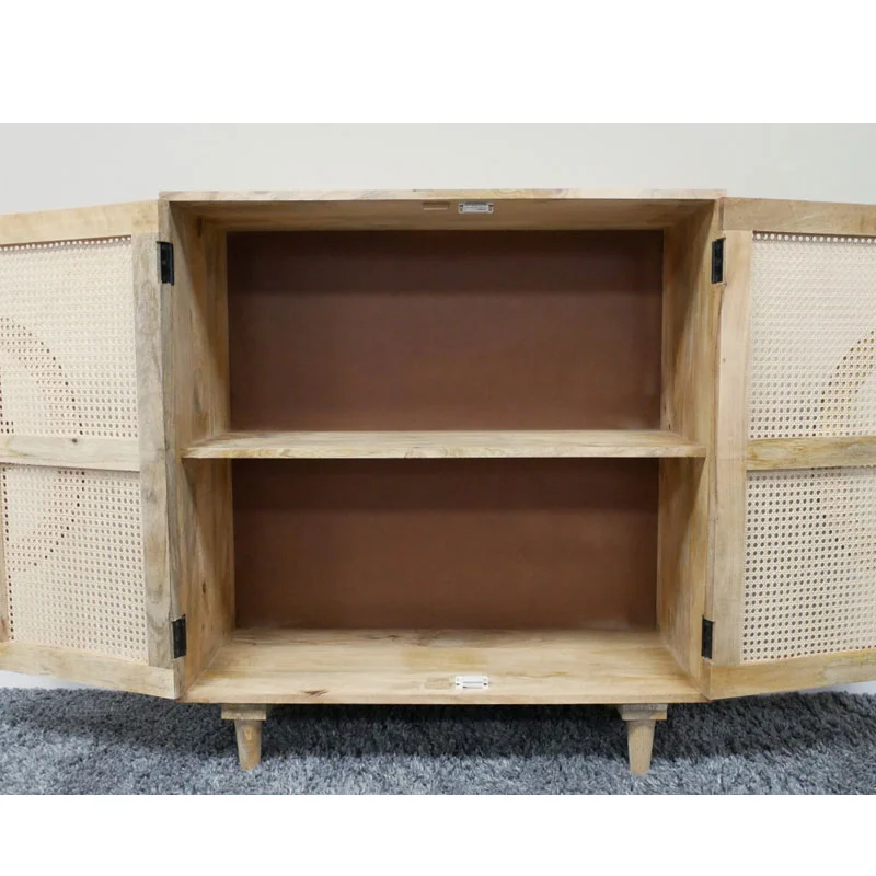 Boho Rustic Solid Light Mango Wood And Rattan 2 Door Small Sideboard Cabinet