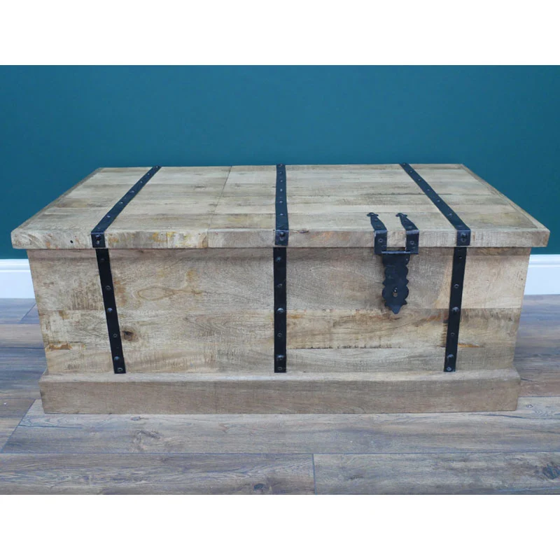 Boho Rustic Solid Light Mango Wood Trunk Coffee Table With Wine Rack