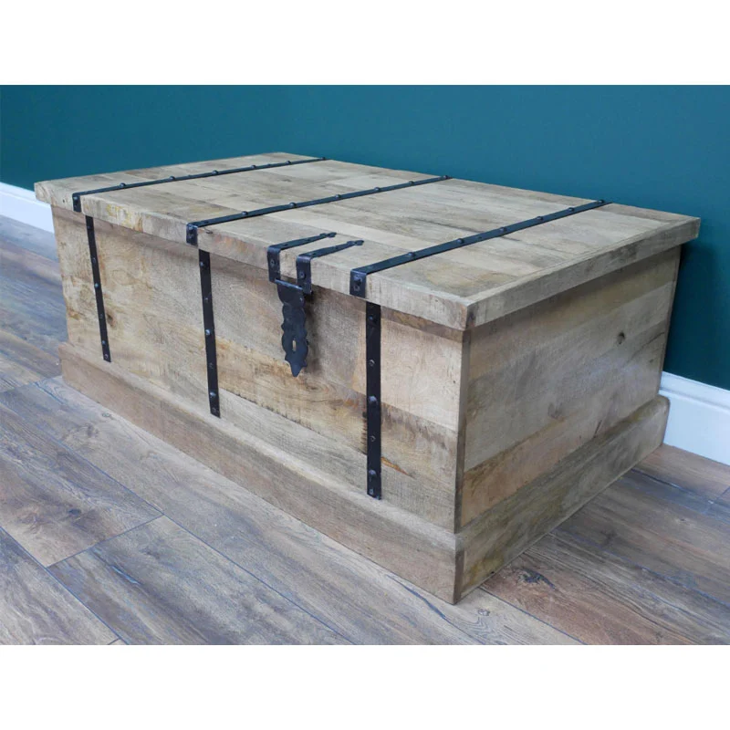 Boho Rustic Solid Light Mango Wood Trunk Coffee Table With Wine Rack