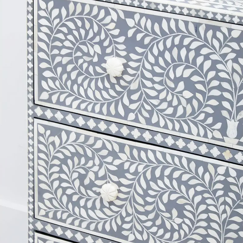 Boho White Bone Inlay And Grey Wood Chest Of Drawers With Gold Legs