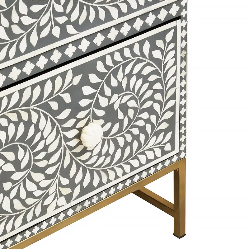 Boho White Bone Inlay And Grey Wood Chest Of Drawers With Gold Legs