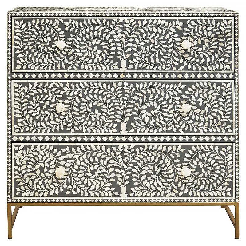 Boho White Bone Inlay And Grey Wood Chest Of Drawers With Gold Legs