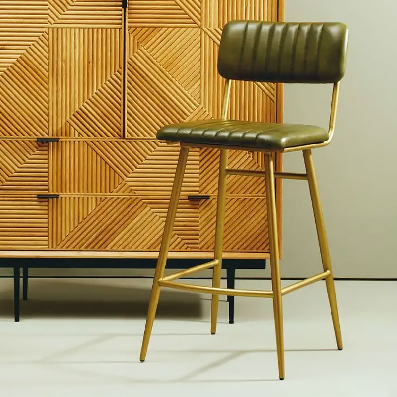 Set Of 2 Industrial Genuine Green Leather And Gold Metal Bar Stools