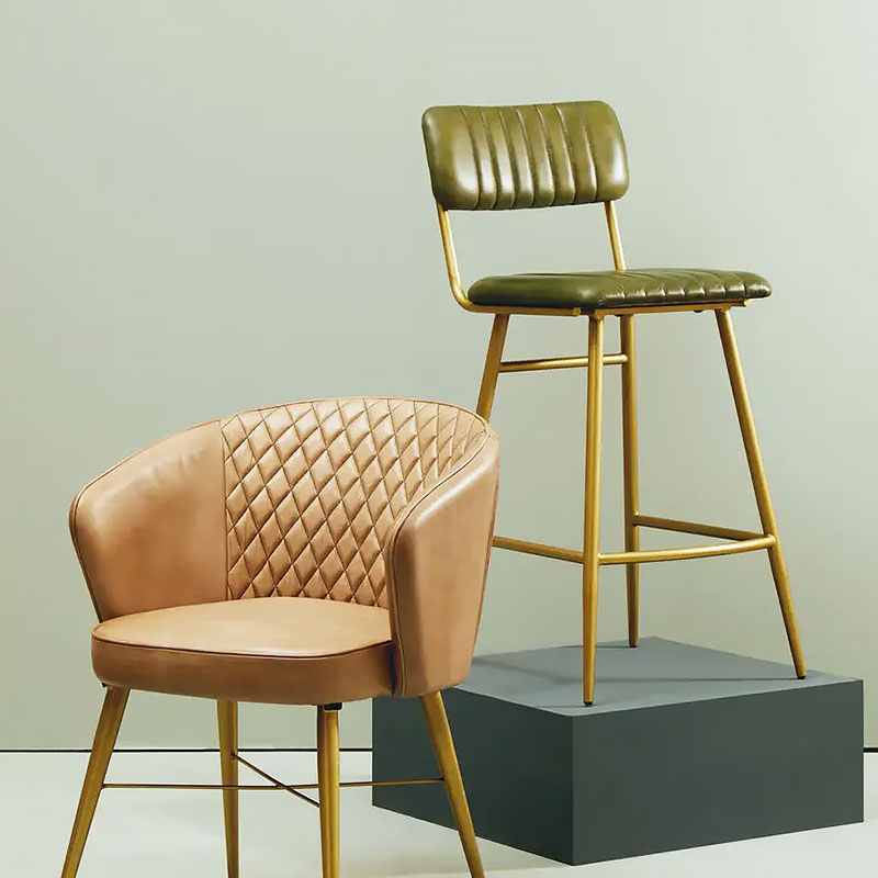 Set Of 2 Industrial Genuine Green Leather And Gold Metal Bar Stools