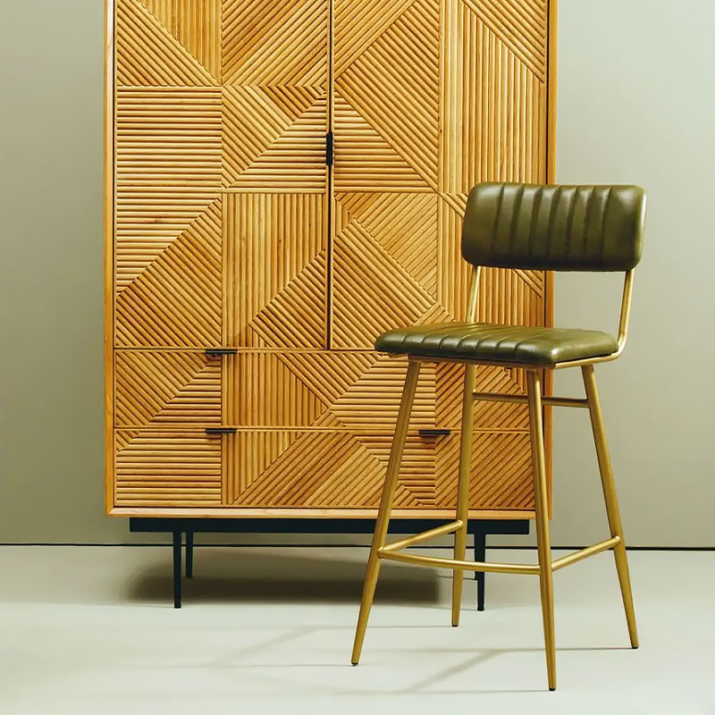 Set Of 2 Industrial Genuine Green Leather And Gold Metal Bar Stools