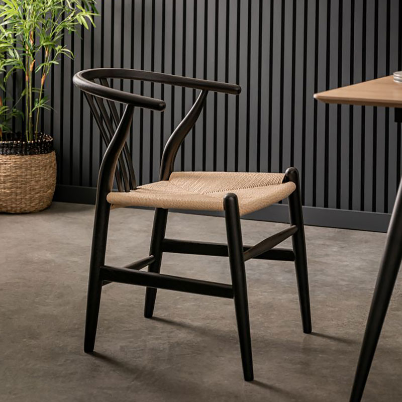Set Of 2 Fraser Black Elm Wood Wishbone Dining Chairs With Handwoven Seat