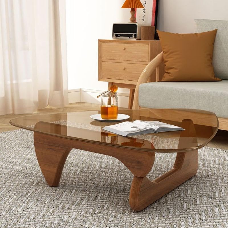 Mid-Century Modern Coffee Table - Triangle Glass Top Natural Wood Base Triangle Coffee Table for Living Room Patio Office Abstract End Tables (Walnut/Brown, Small 32.2 * 22.4 * 16in)