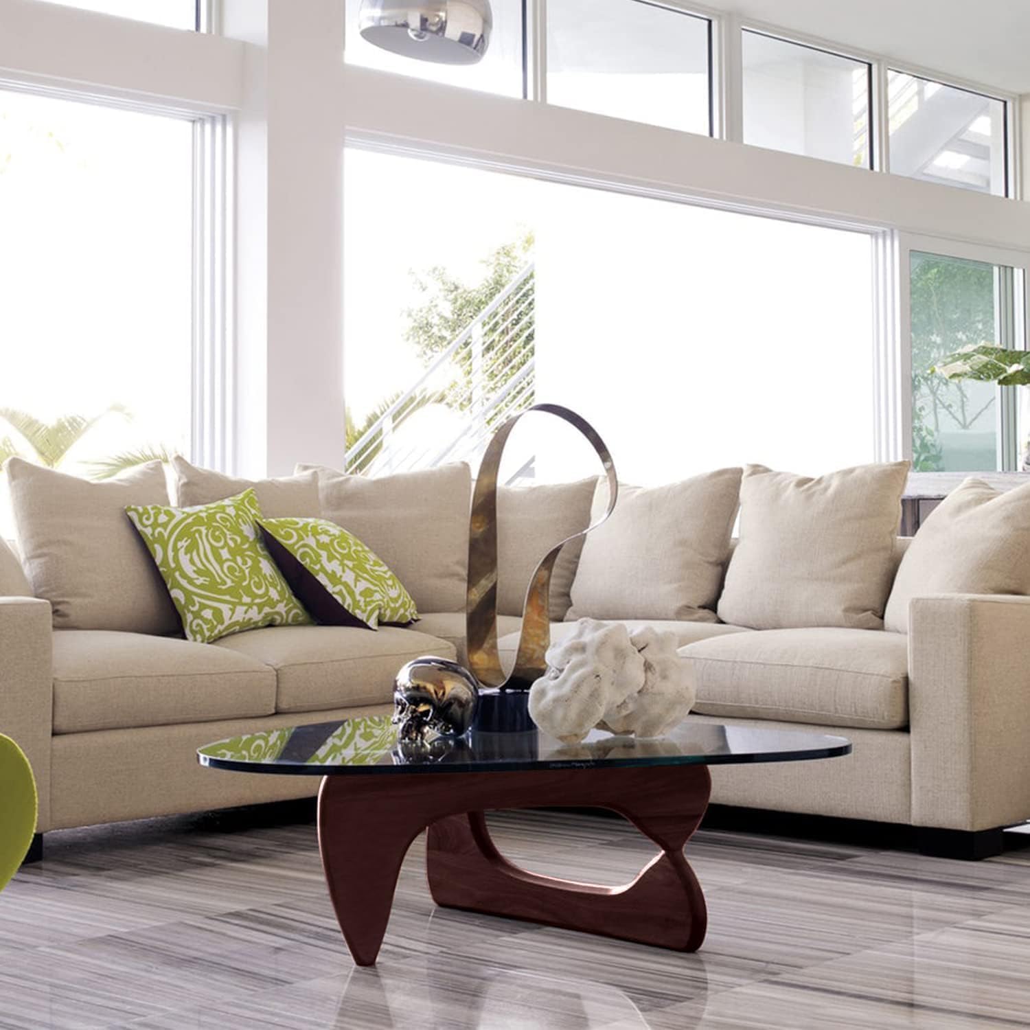 Mid-Century Modern Coffee Table - Triangle Glass Top Natural Wood Base Triangle Coffee Table for Living Room Patio Office Abstract End Tables (Walnut/Brown, Small 32.2 * 22.4 * 16in)