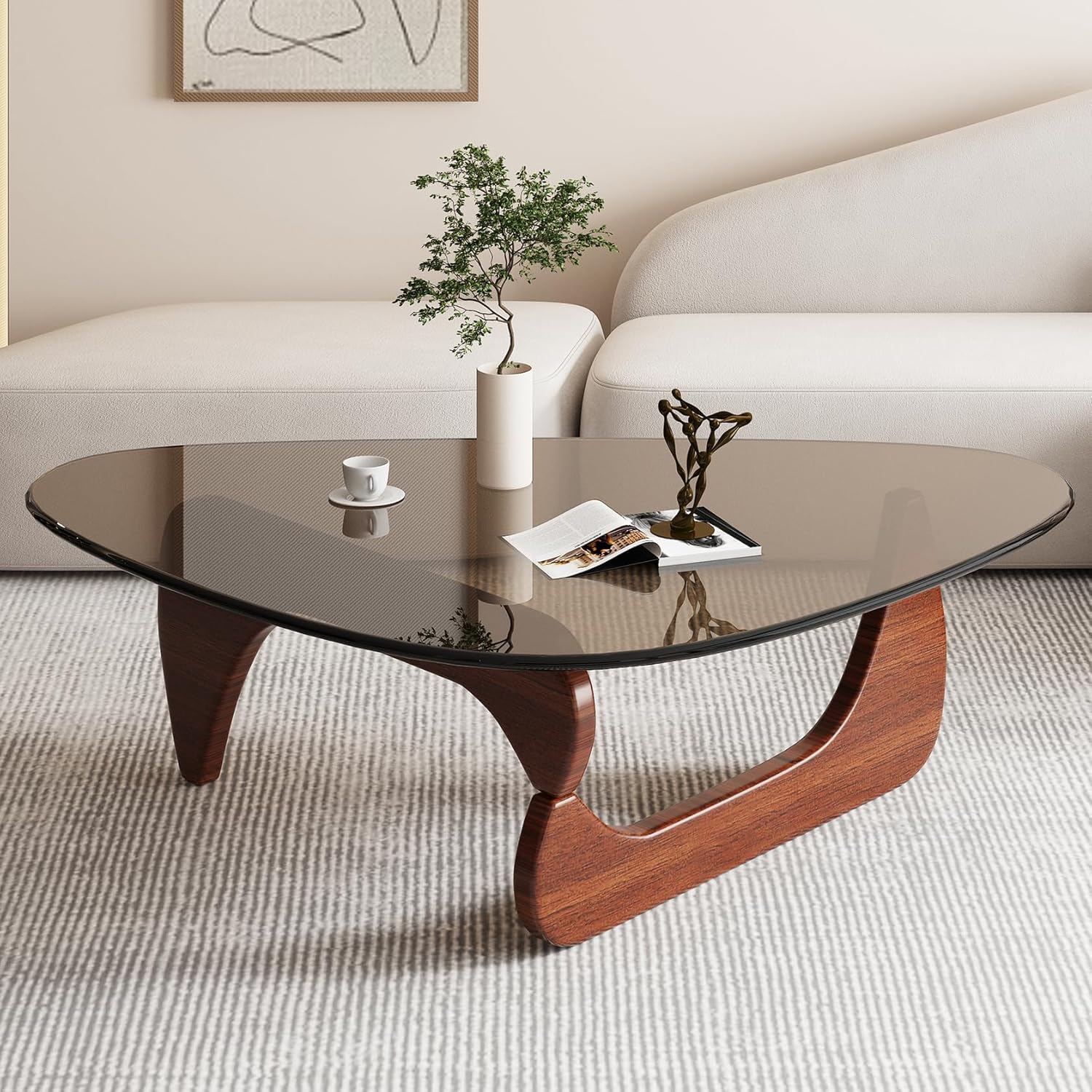 Mid-Century Modern Coffee Table - Triangle Glass Top Natural Wood Base Triangle Coffee Table for Living Room Patio Office Abstract End Tables (Walnut/Brown, Small 32.2 * 22.4 * 16in)