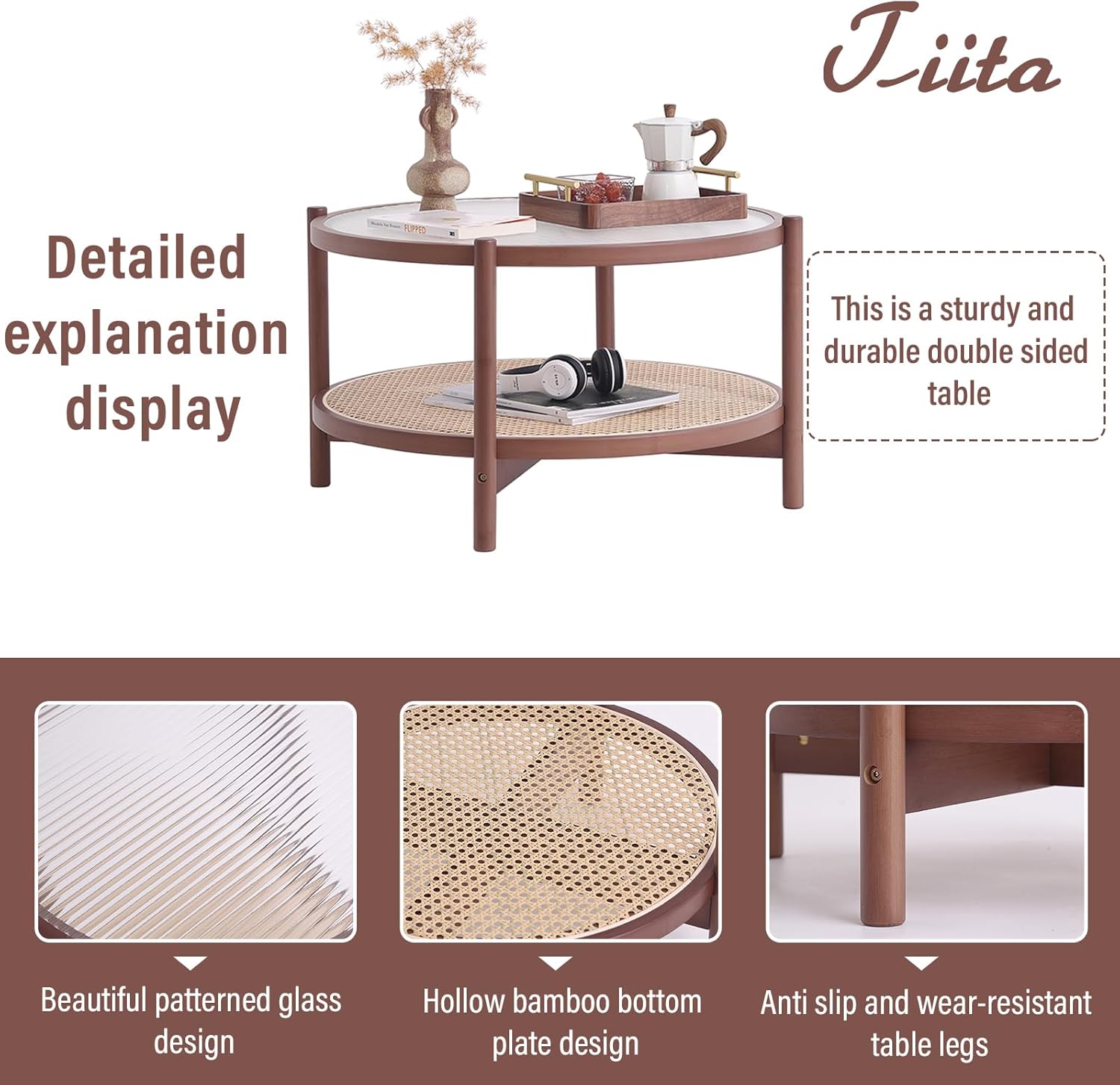 Tiita Rattan Coffee Table, Large Round End Table, 27.6 Inch Modern Side Table, Living Room Side Table, Glass Sofa End Table for Balcony and Office Outdoor/Indoor (Walnut)