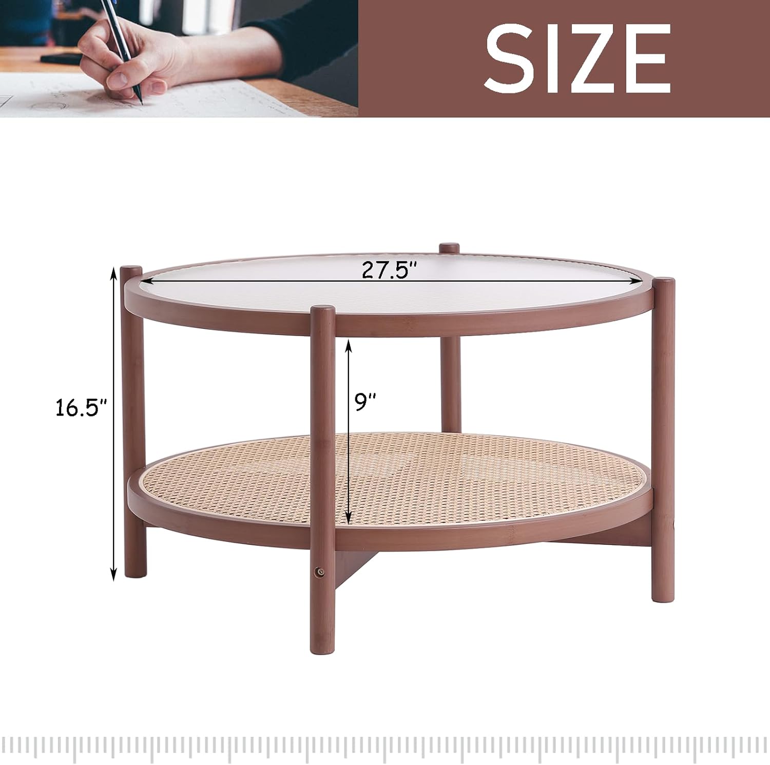 Tiita Rattan Coffee Table, Large Round End Table, 27.6 Inch Modern Side Table, Living Room Side Table, Glass Sofa End Table for Balcony and Office Outdoor/Indoor (Walnut)