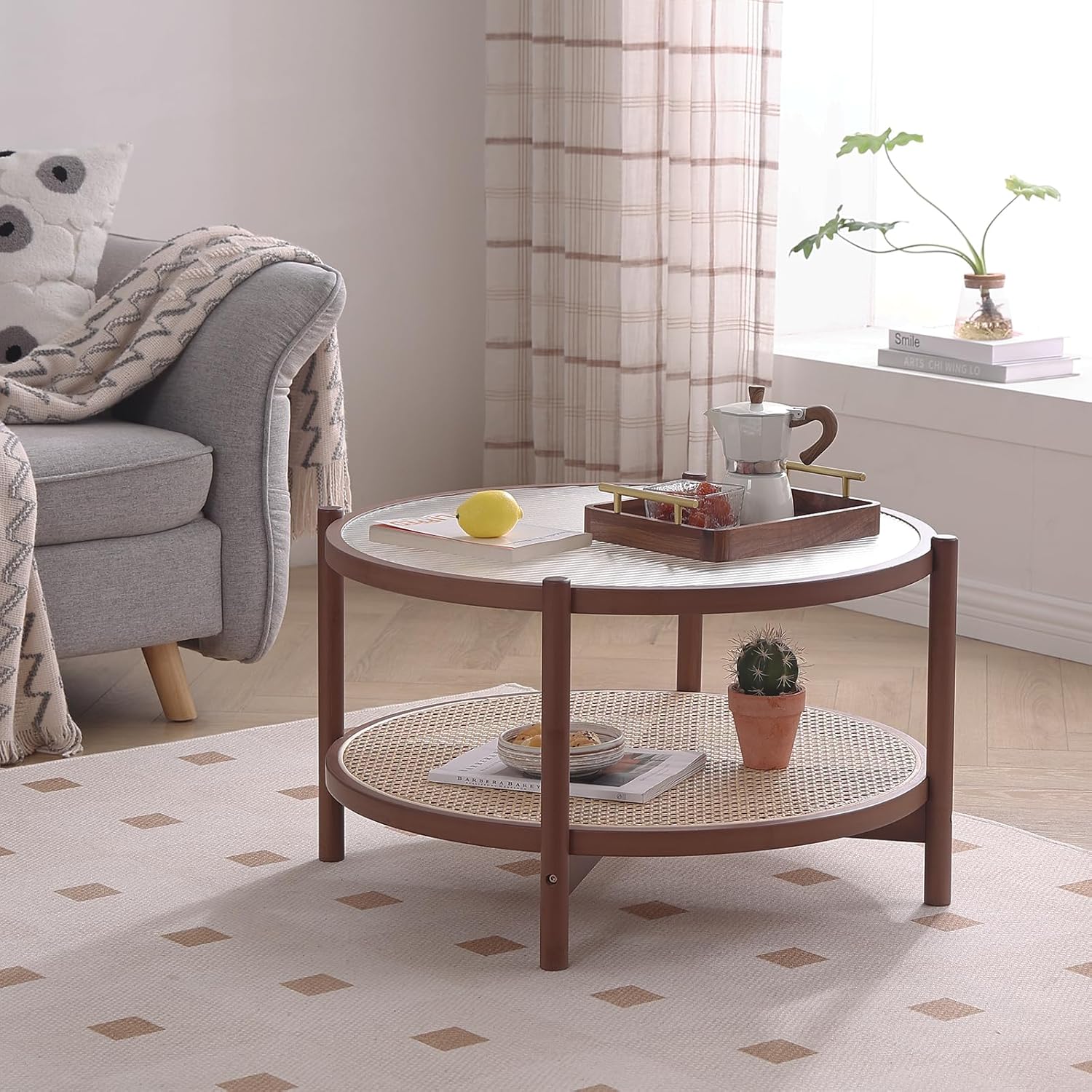 Tiita Rattan Coffee Table, Large Round End Table, 27.6 Inch Modern Side Table, Living Room Side Table, Glass Sofa End Table for Balcony and Office Outdoor/Indoor (Walnut)