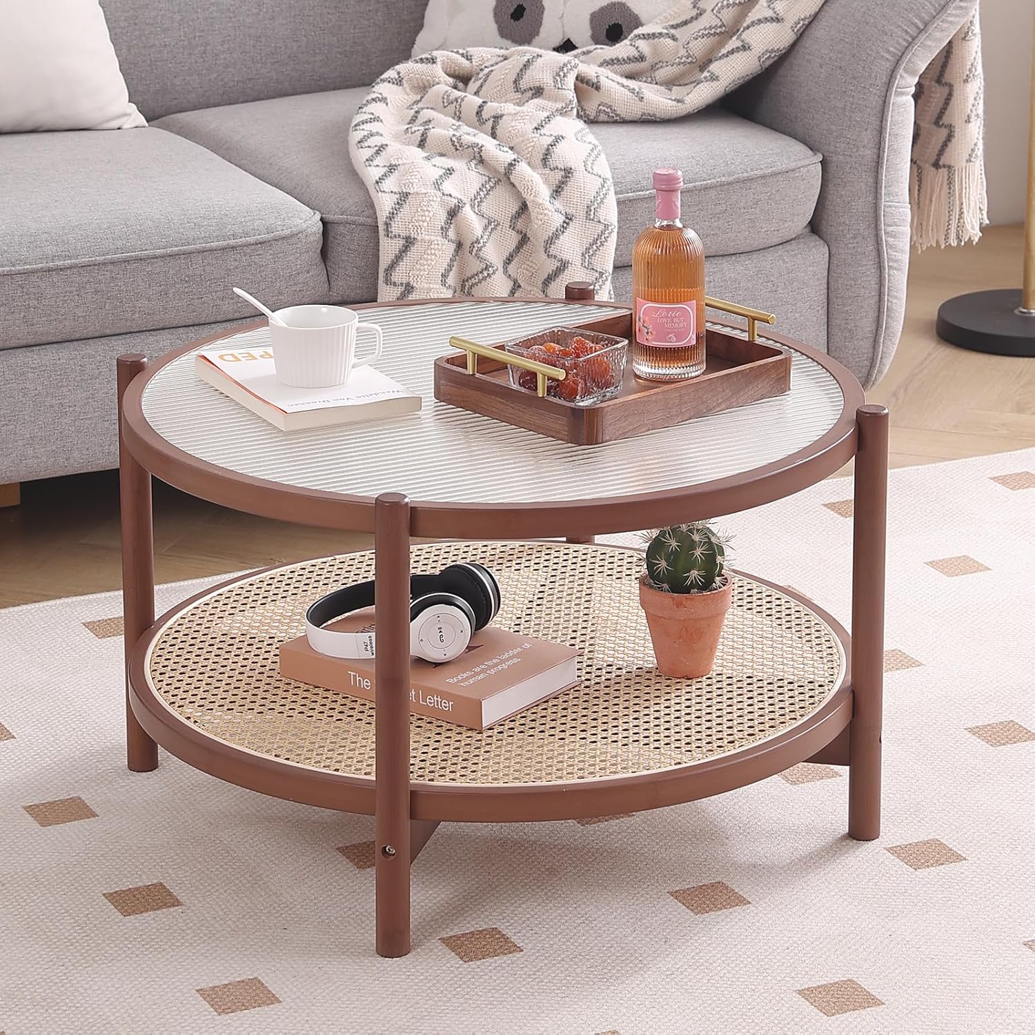 Tiita Rattan Coffee Table, Large Round End Table, 27.6 Inch Modern Side Table, Living Room Side Table, Glass Sofa End Table for Balcony and Office Outdoor/Indoor (Walnut)