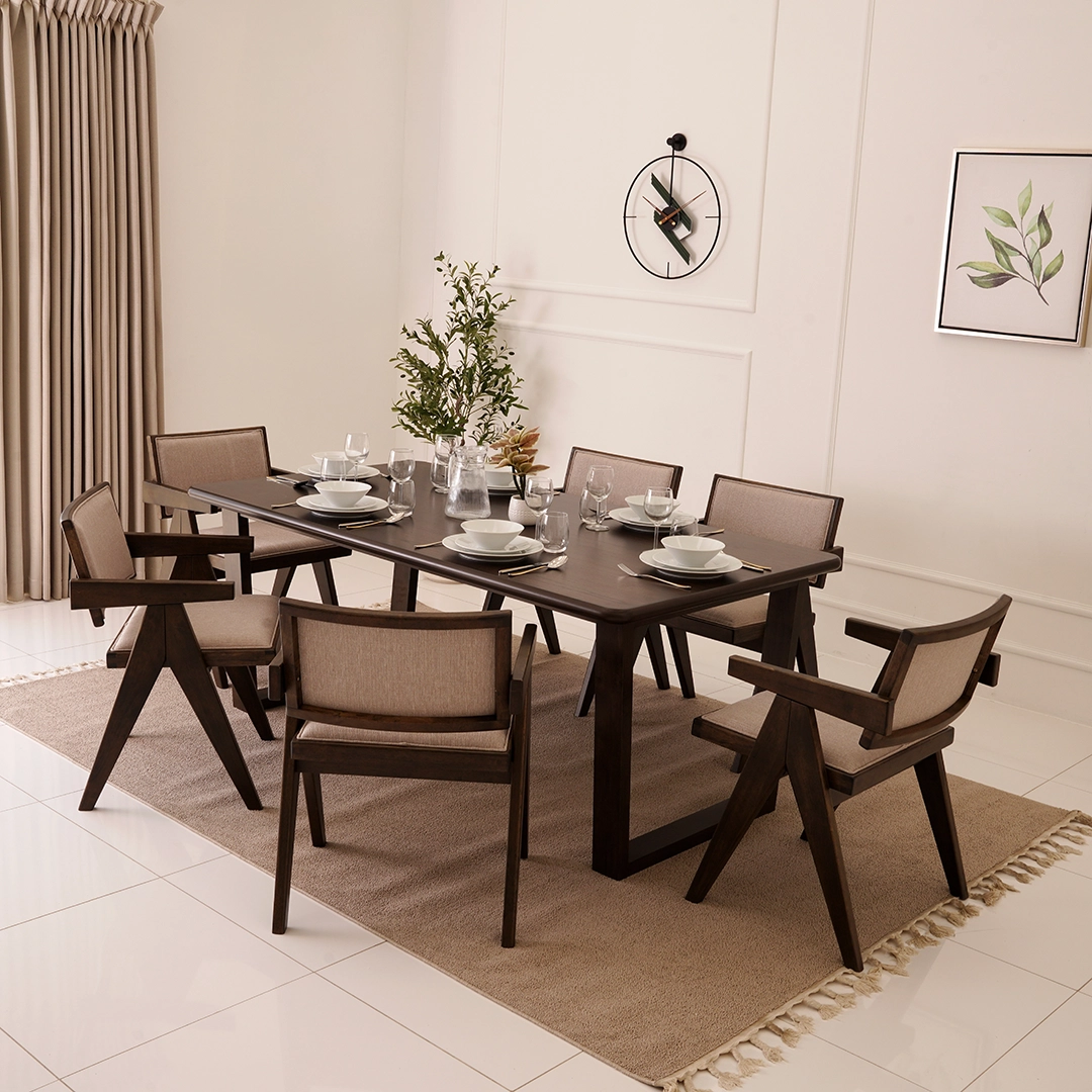 Furneezy Six Seater Dining Table With Rattan Chair