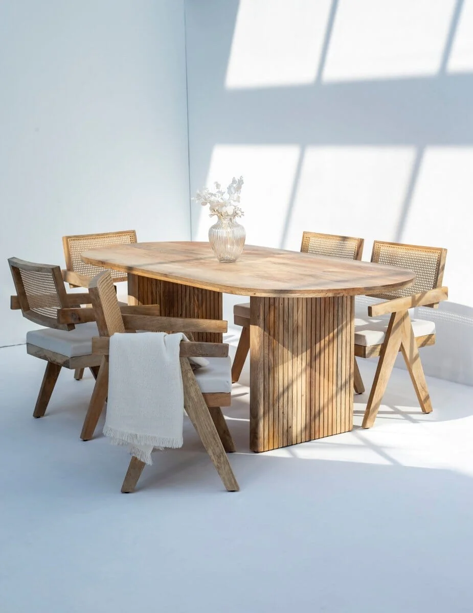 Madeline Oval Dining Table with Slat Flat Legs With 6 Rattan Mango Wood chair